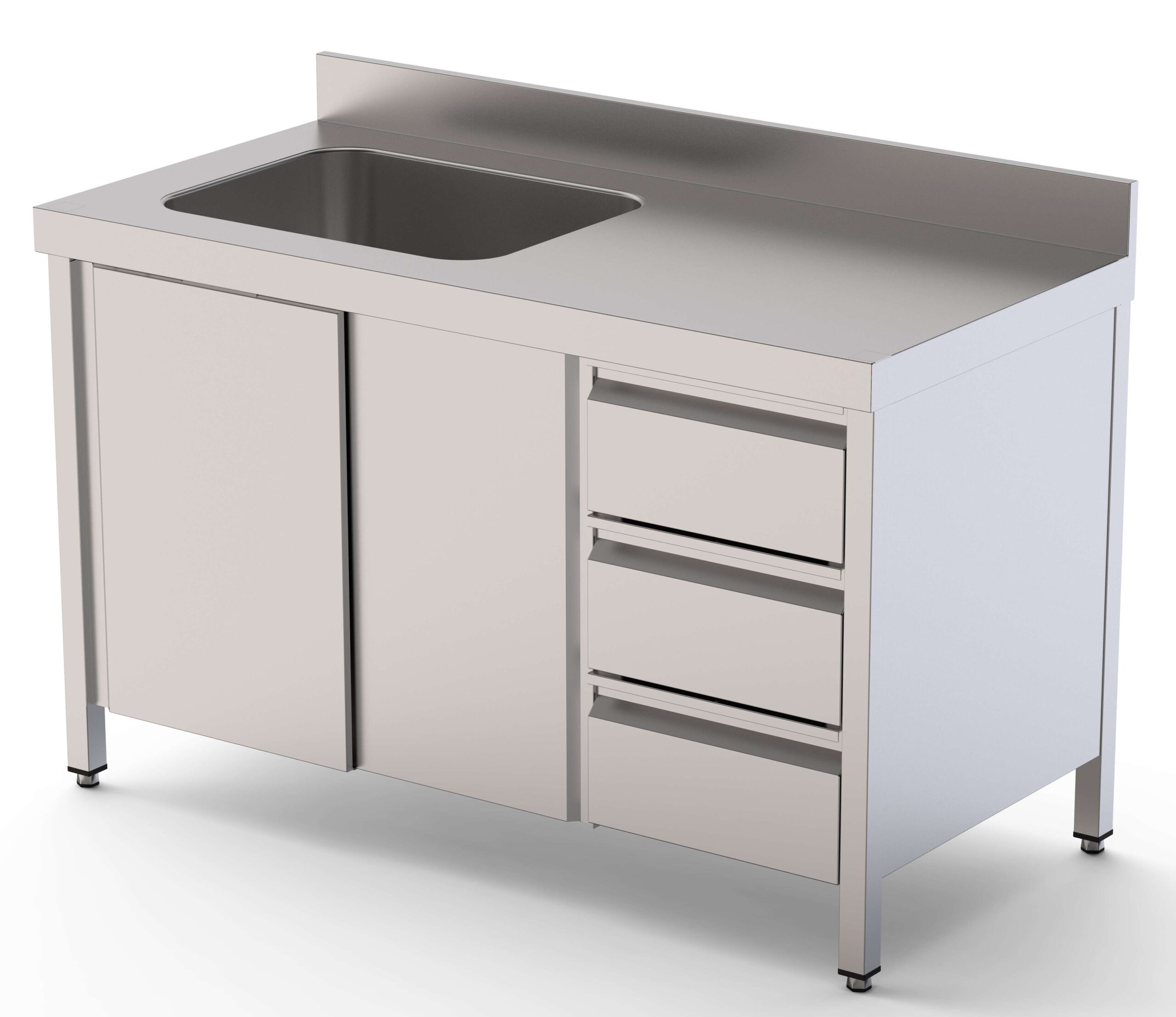 Mesa de Trabajo Acero Inoxidable Mural Con Puertas y Con Cubeta a la Izquierda y Cajones 2200x600x850h mm WTW16022LBSDDR