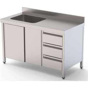 Mesa de Trabajo Acero Inoxidable Mural Con Puertas y Con Cubeta a la Izquierda y Cajones 2000x700x850h mm WTW17020LBSDDR