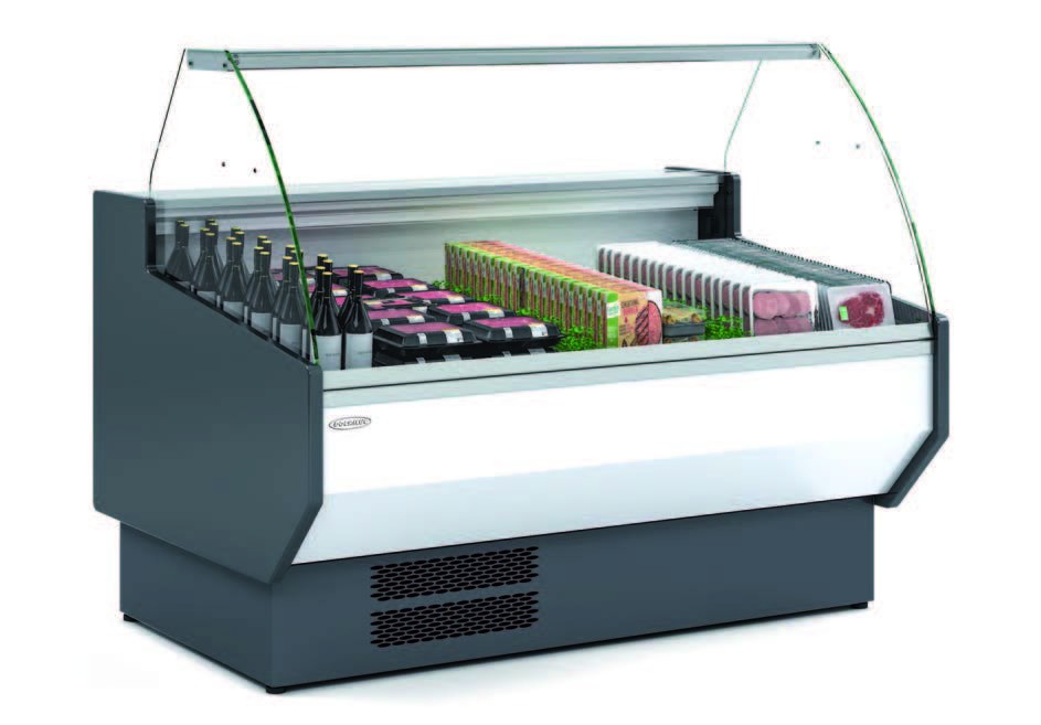 Vitrina Refrigerada Cristal Curvo Fondo 1100 dim.1525x1100x1235h mm Línea Córdoba VED-10-15-C-TF